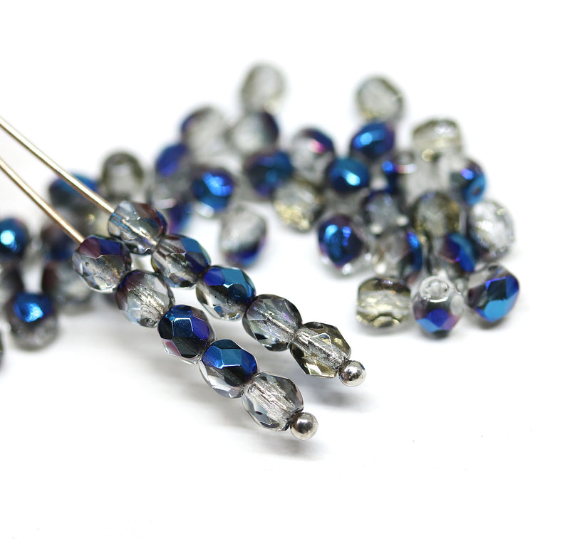 4mm Gray czech glass fire polished beads blue luster - 50Pc