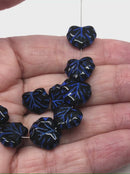 11x13mm Black maple czech glass leaf beads dark blue inlays - 15pc