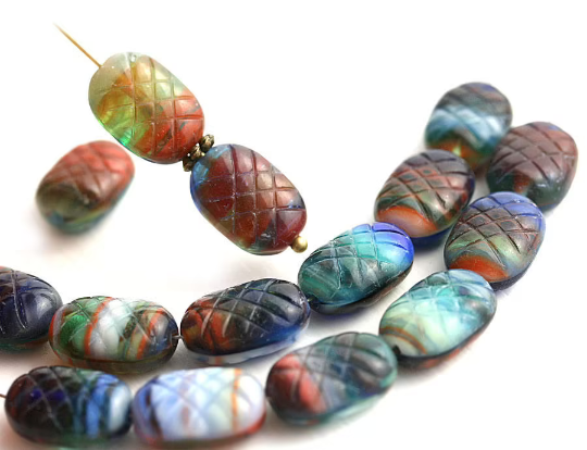 13x9mm Puffy oval multicolored czech glass pressed beads - 15pc