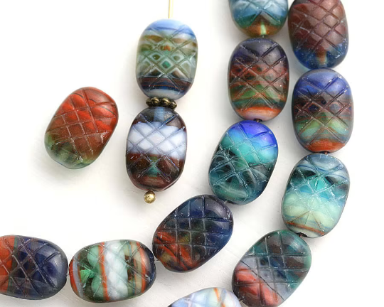 13x9mm Puffy oval multicolored czech glass pressed beads - 15pc