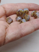 8mm Opal white cathedral Czech glass fire polished beads brown ends - 10Pc