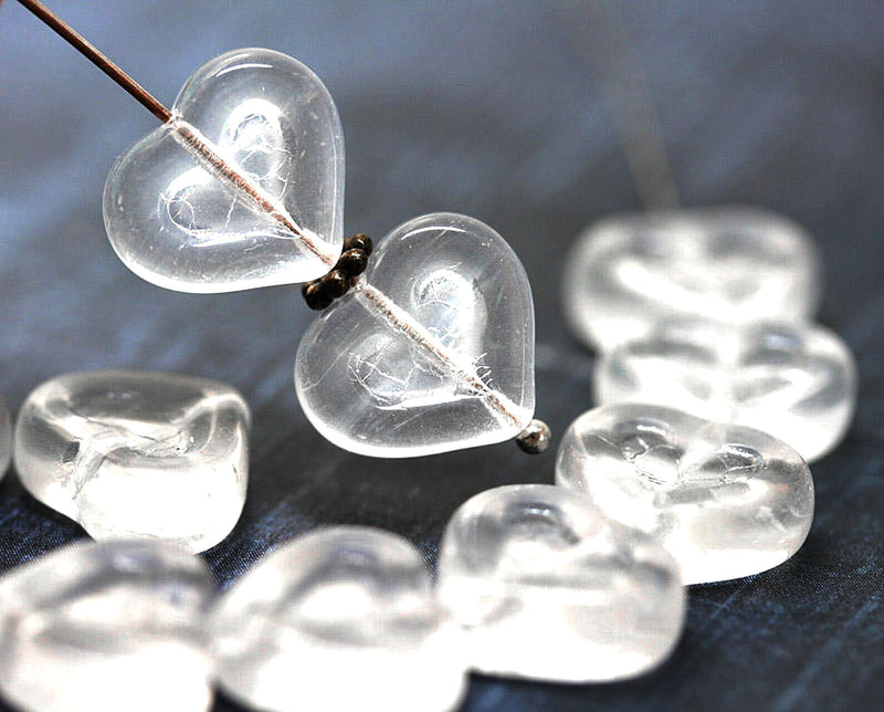 14mm Crystal Clear Heart beads Czech glass beads, 8pc