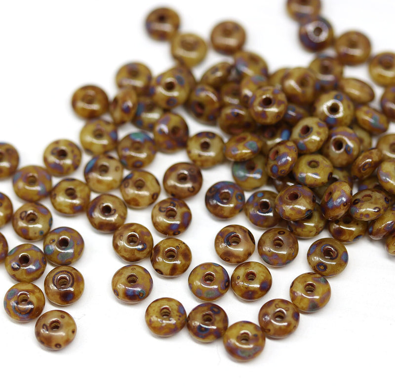 4mm Picasso brown czech glass rondelle spacer beads - approx. 100pc