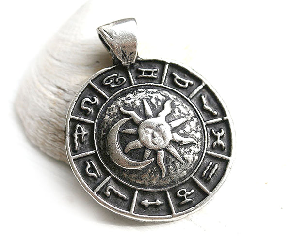 Antique silver Zodiac pendant bead, Sun and Moon