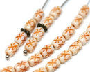 6x4mm White czech glass rice beads, Orange stars ornament small oval beads - 50pc