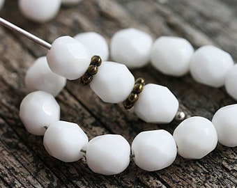 6mm Opaque white fire polished round czech glass beads, 30Pc