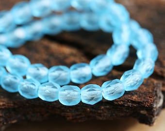 4mm Frosted blue czech glass beads, fire polished round faceted spacers, 50Pc
