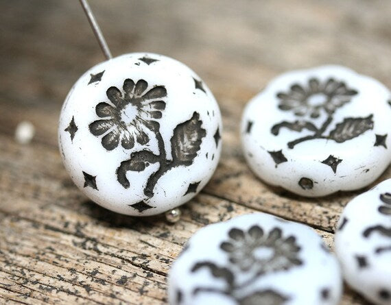 18mm White flower Czech glass beads, floral ornament beads pair, 2pc