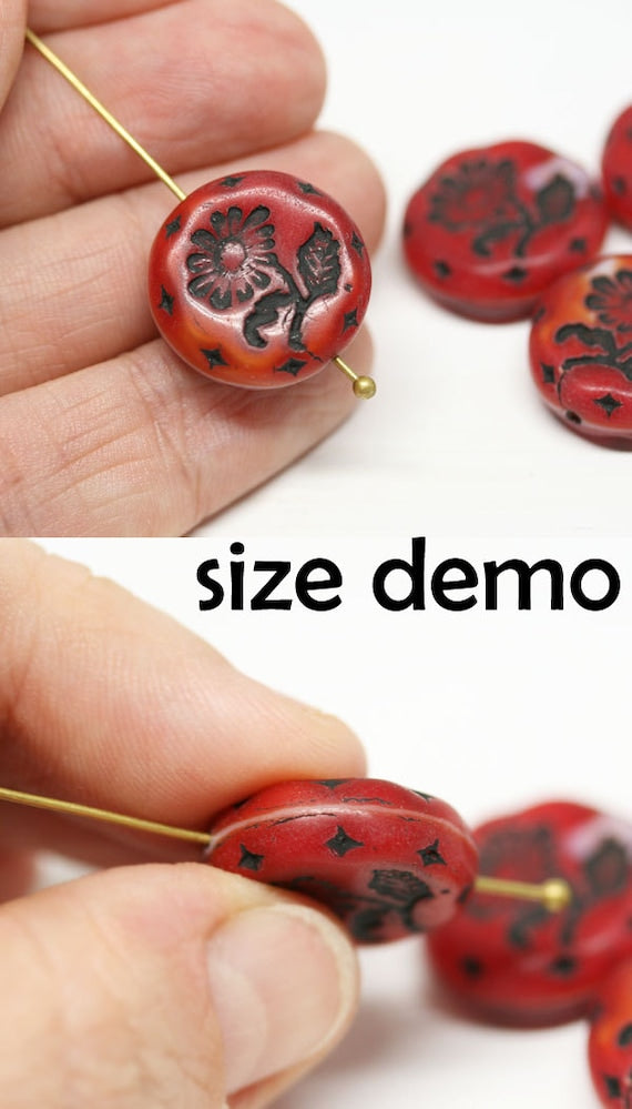 18mm Red flower Czech glass beads, floral ornament beads pair, 2pc