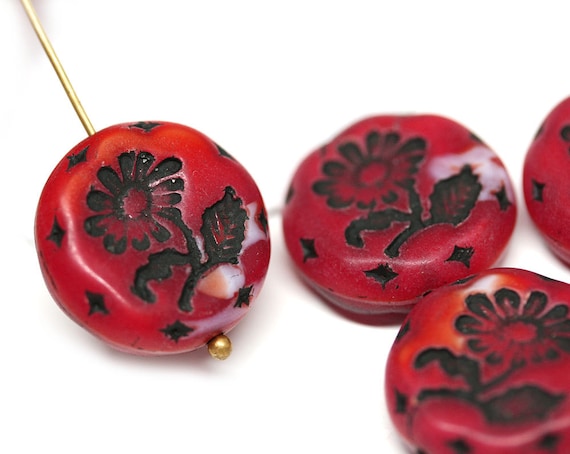 18mm Red flower Czech glass beads, floral ornament beads pair, 2pc