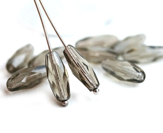 15x6mm Long bicones Grey czech glass beads - 10Pc