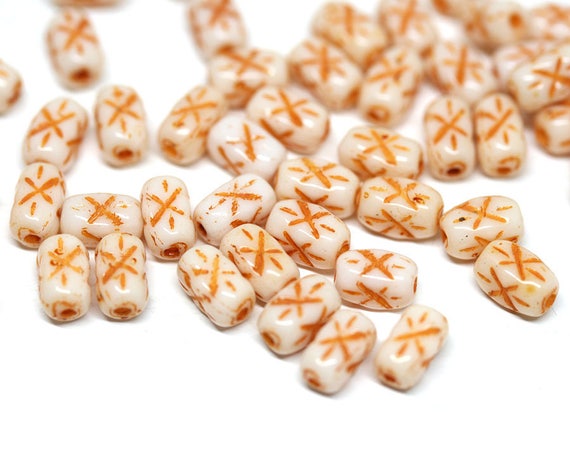 6x4mm White czech glass rice beads, Orange stars ornament small oval beads - 50pc