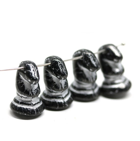 Chess black knight Czech glass beads, 4pc