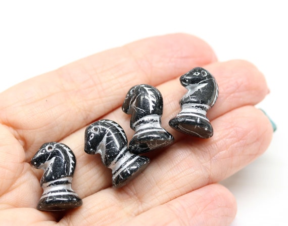 Chess black knight Czech glass beads, 4pc