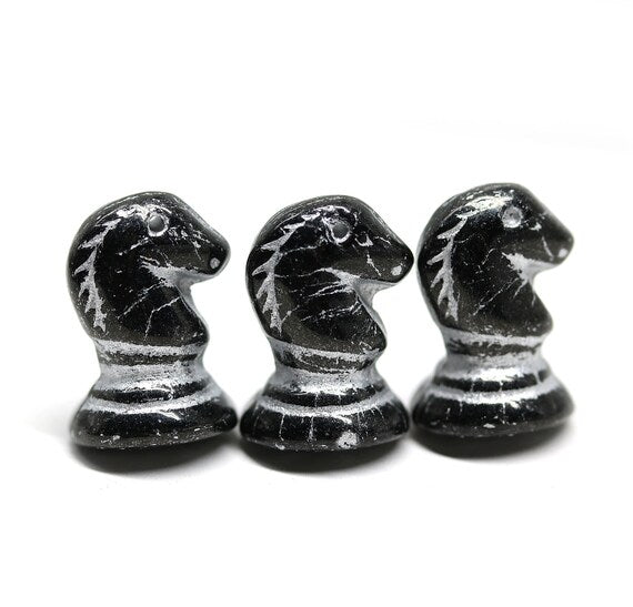 Chess black knight Czech glass beads, 4pc
