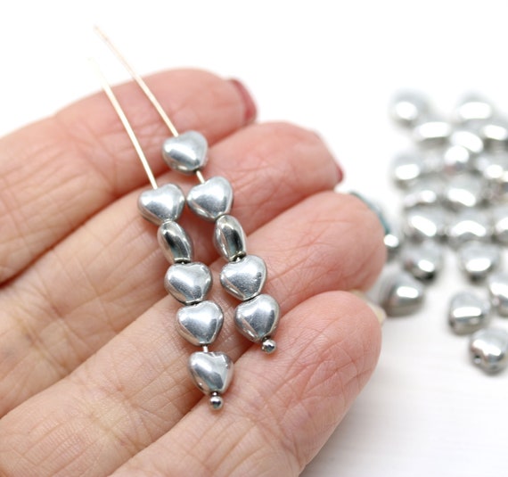 6mm Small silver heart beads, czech glass - 30pc