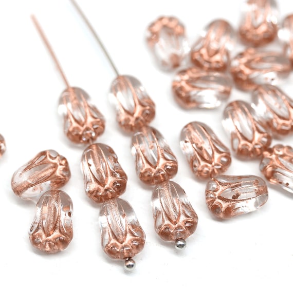 10x7mm Clear tulip beads Copper inlays Czech glass flower tulip beads, 20Pc