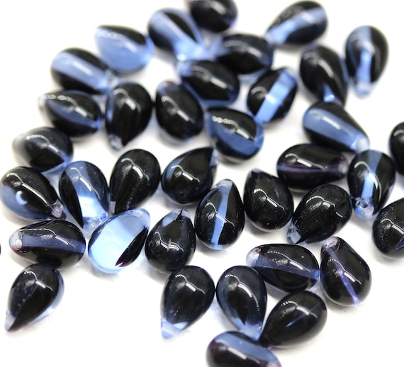 6x9mm Blue black teardrops, Czech Glass drop beads, 40pc