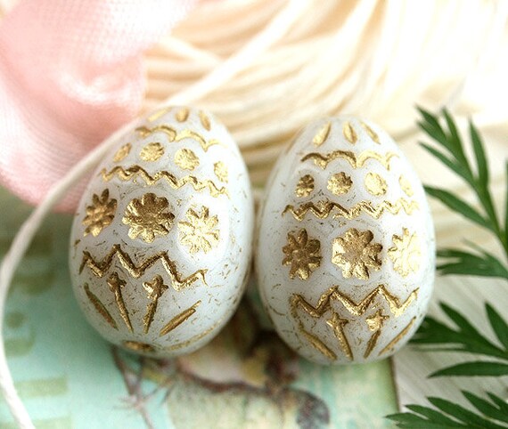 20mm Easter eggs czech glass beads, white gold ornament, 2Pc