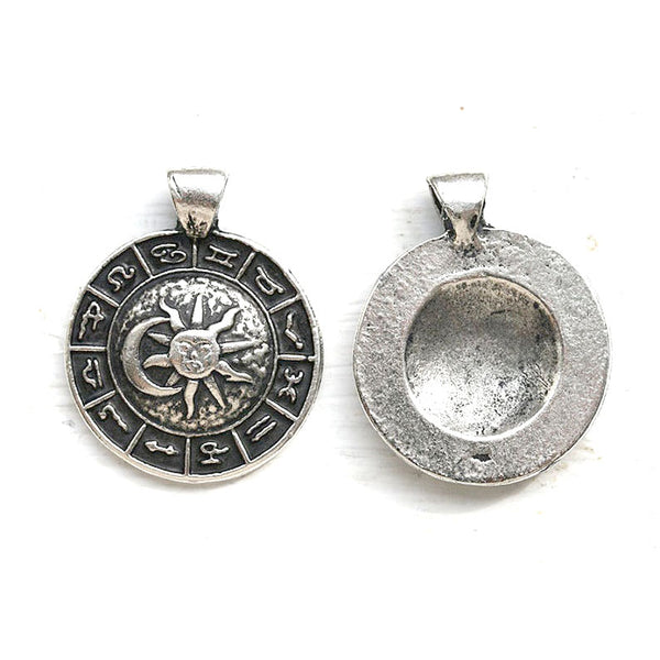 Antique silver Zodiac pendant bead, Sun and Moon