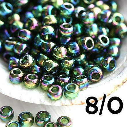 8/0 Toho seed beads, Transparent Rainbow Olivine green N 180 - 10g