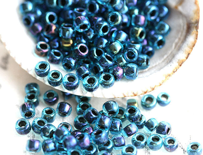 8/0 Toho seed beads, Inside-Color Aqua blue Jet Lined, N 248 - 10g