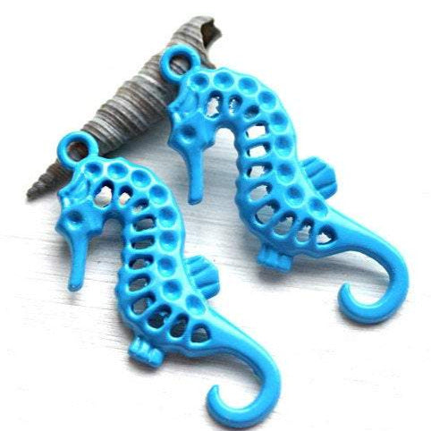 2pc Blue Seahorse charms Painted Metal Casting