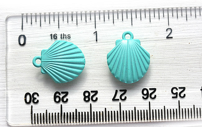 2pc Turquoise Green Puffy Shell charms, Painted Metal Casting