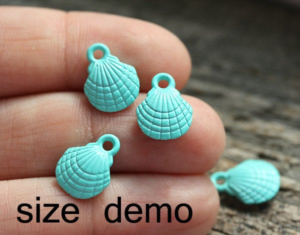 4pc Small Turquoise green Shell Charms, Painted Metal Casting