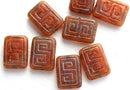 12x9mm Picasso Rectangle czech beads, Opal Carnelian Brown, Greek Key, Carved Aged rustic glass 8pc