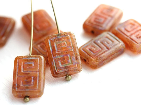 12x9mm Picasso Rectangle czech beads, Opal Carnelian Brown, Greek Key, Carved Aged rustic glass 8pc
