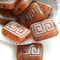 12x9mm Picasso Rectangle czech beads, Opal Carnelian Brown, Greek Key, Carved Aged rustic glass 8pc