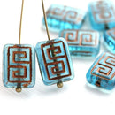 12x9mm Aqua Blue Rectangle czech beads, Copper inlays, Greek Key, 8pc
