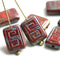 12x9mm Red Picasso Rectangle czech beads, Greek Key, Carved Aged glass beads - 8pc