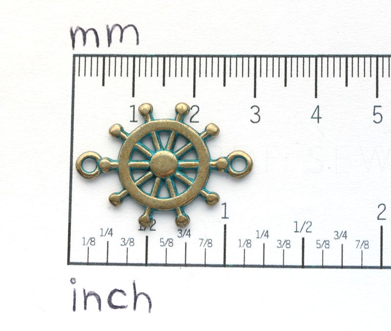2pc Sailor Wheel rudder charm connector Patinated Brass