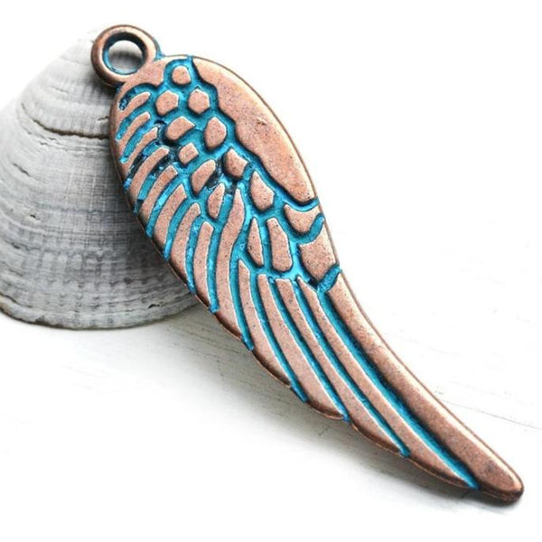 70mm Angel Wing pendant bead Blue patina on copper