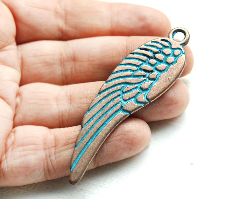 70mm Angel Wing pendant bead Blue patina on copper