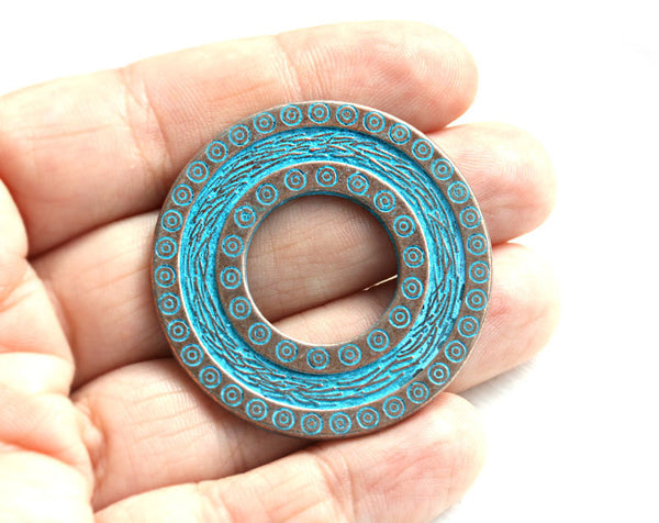 40mm Large ornament disk pendant, Blue patina on copper