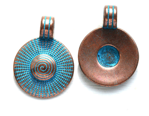 Spiral circle pendant bead, Blue patina on copper