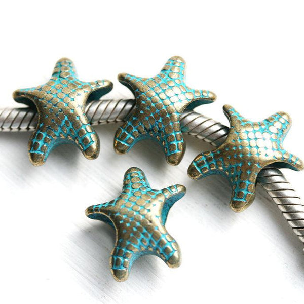 4pc Brass Sea Star beads, Starfish, Green patina, 5mm Large hole