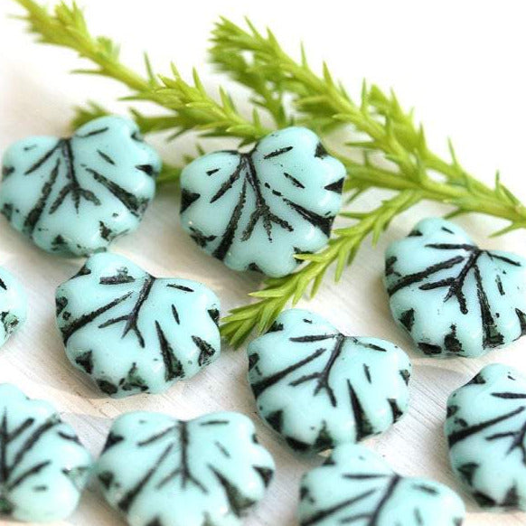 11x13mm Mint Green Fancy Leaf beads, Maple glass leaves, Black Inlays, 10pc