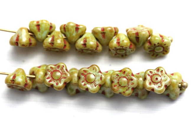 7mm Button style Flower Czech glass beads, Picasso Rustic Green - 25pc