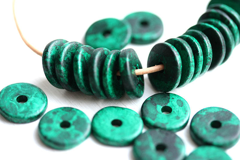 10Pc Greek ceramic rondelle beads Dark teal green 13mm