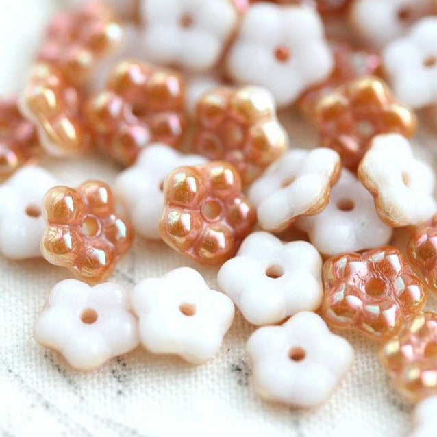 5mm Peach and White daisy flower beads, Rainbow luster - 50pc