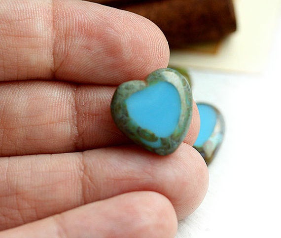 15mm Turquoise blue Heart Beads, picasso finish, czech glass - 4Pc