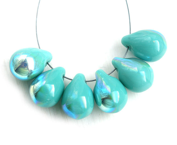 6Pc Turquoise teardrops, Large czech glass drops briolettes - 10x14mm