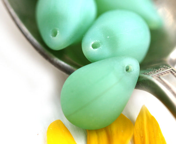 6Pc  Matte Jade Green czech glass Teardrops, Briolettes green raindrop - 10x14mm