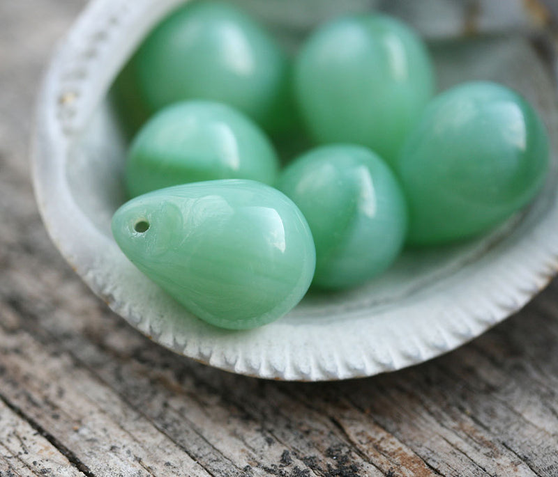 6Pc Jade green teardrops, Large czech glass drops briolettes - 10x14mm
