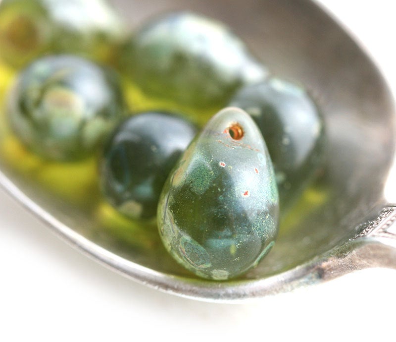 6Pc Olivine Teardrops, Olive Green Picasso czech glass , large Briolettes - 10x14mm
