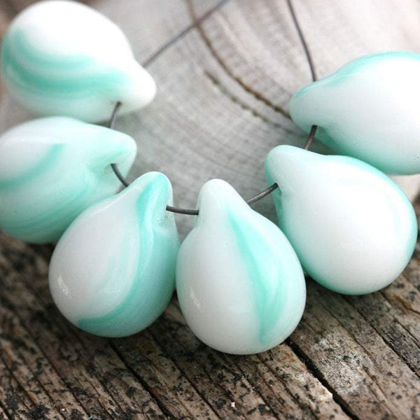 6Pc White and Mint Green striped czech glass Teardrop, Briolettes - 10x14mm